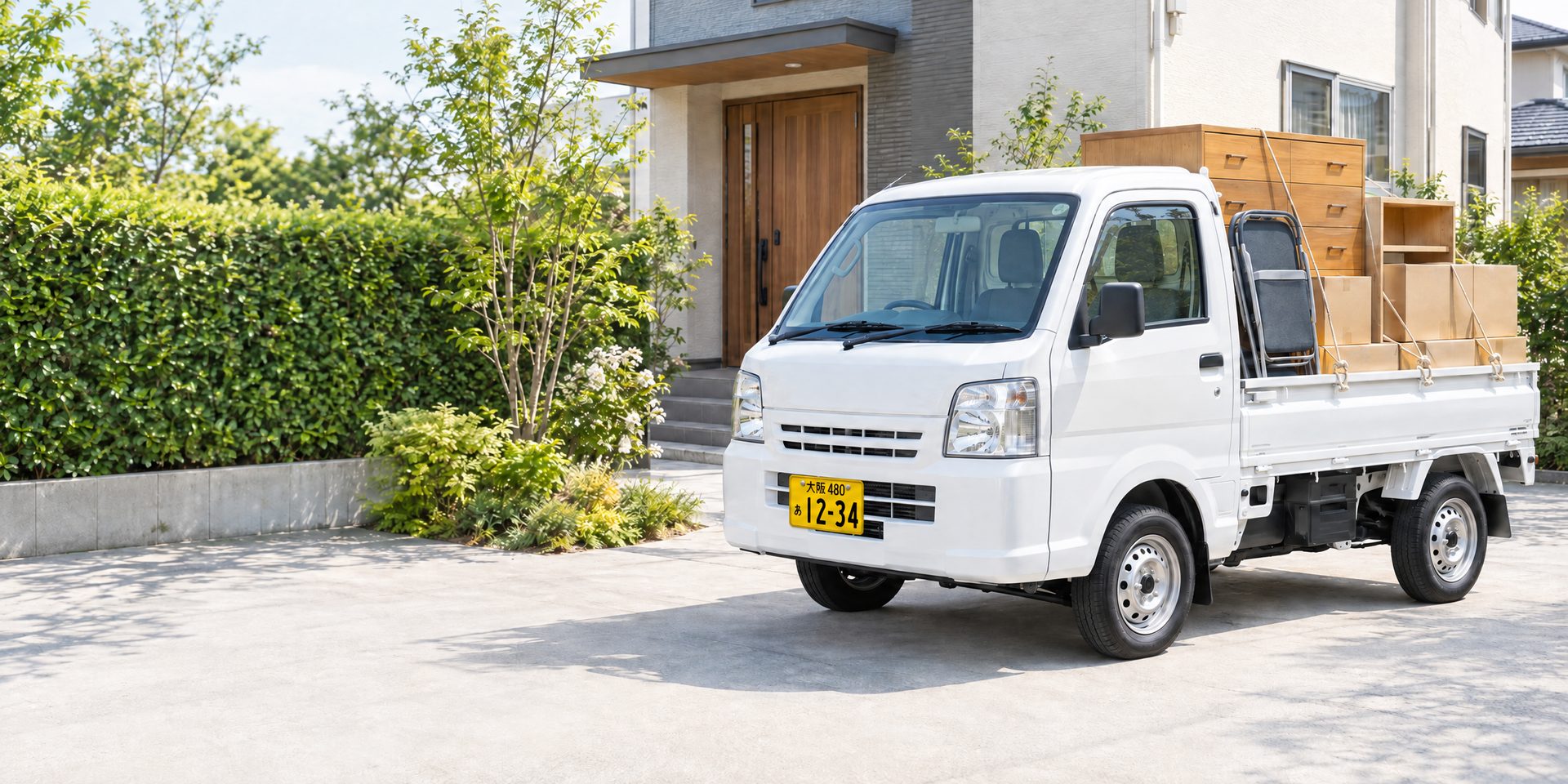 住宅の前に停めた、家具や段ボールを積んだまるっと片づけ隊の軽トラック