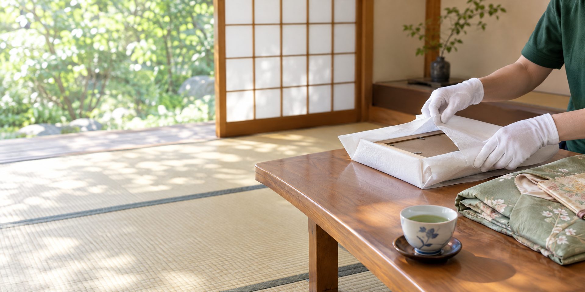 和室で額を薄紙に包んで丁寧に整理するスタッフの手元