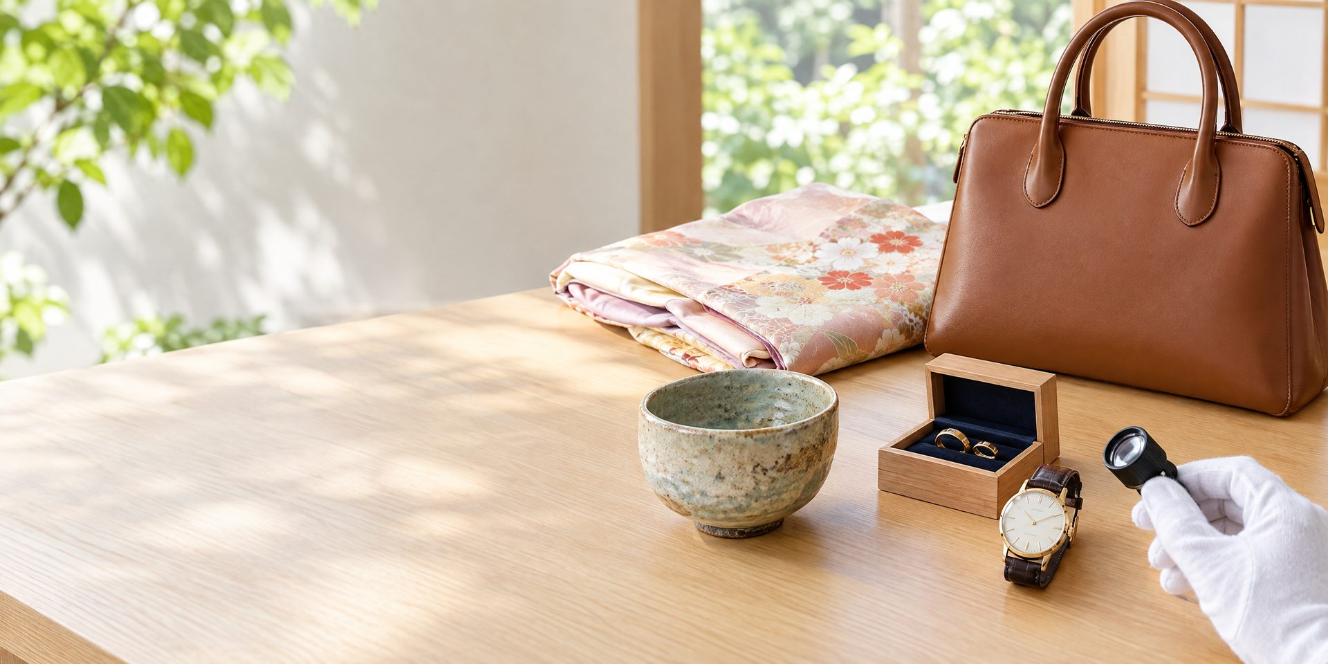 着物・腕時計・指輪・茶碗・バッグをルーペで査定する様子